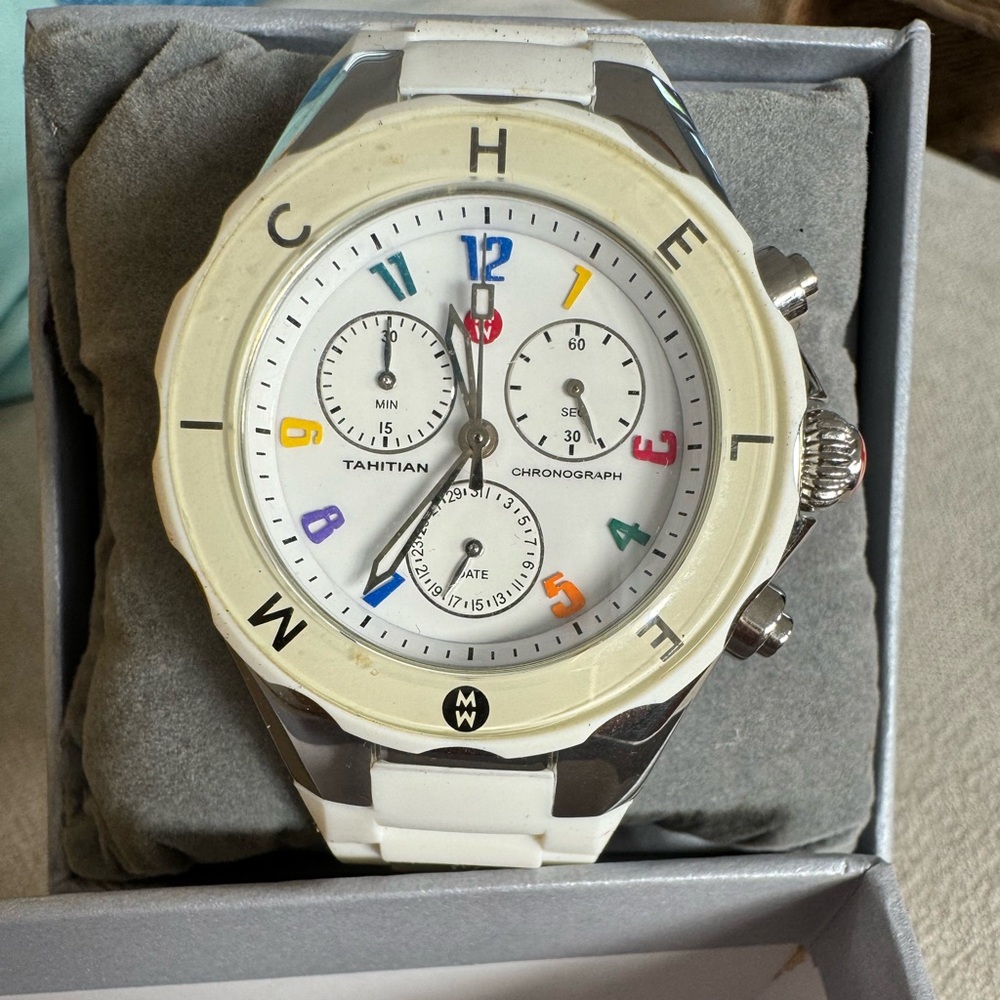 MICHELE TAHITIAN CAROUSEL WHITE WATCH WITH JELLY BEAN STRAP.